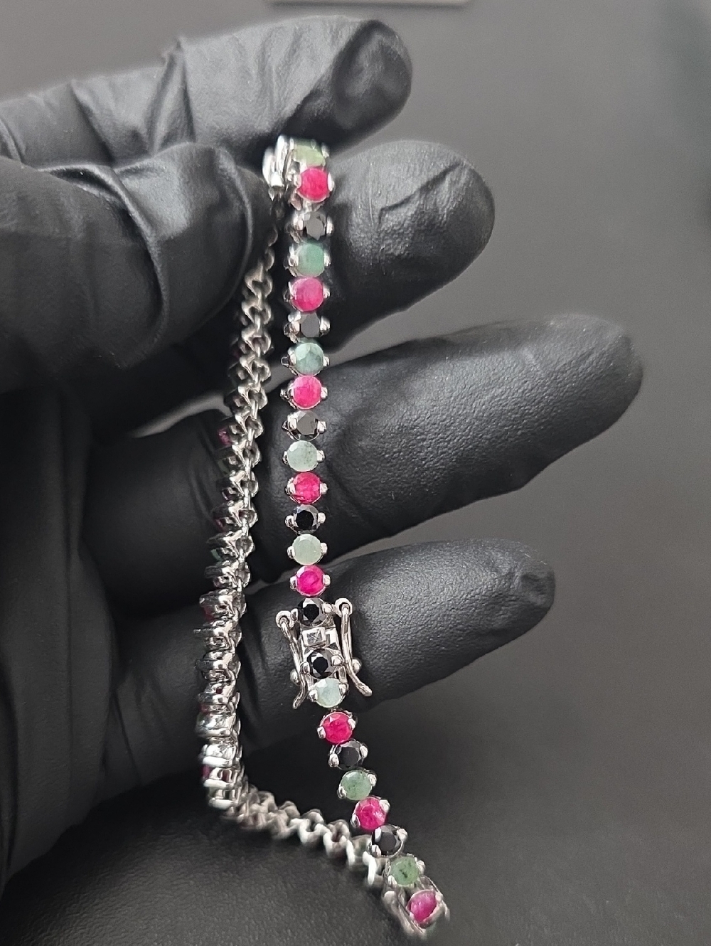 Sterling Silver 925 Tennis Bracelet with Ruby, Emerald And Onyx Gemstones